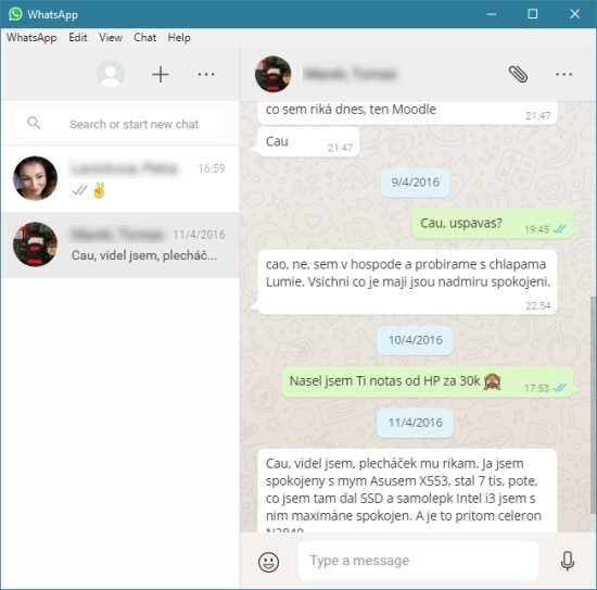 WhatsApp - okno s chatem